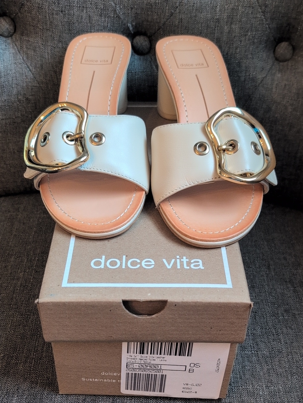 Dolce Vita Cream Slide Mules with Gold Heart Buckles